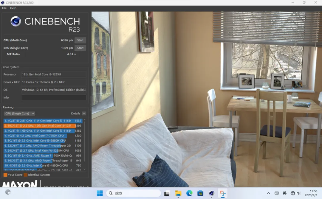 In the Cinebench R23 CPU performance test, the M10A scored 1399 points in single-core and 6336 points in multi-core.