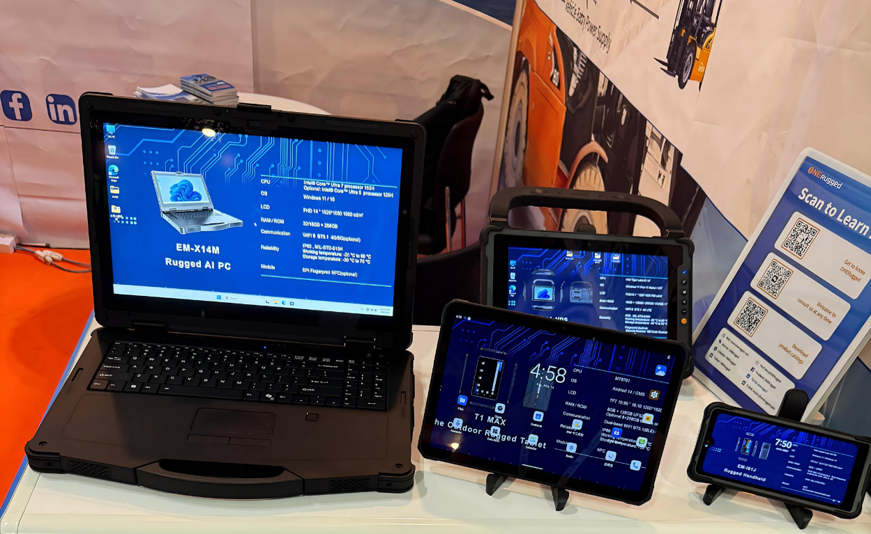 Close-up of the EM-X14M, one of our newest rugged laptops with mil-std-810h certification, displayed live at the Singapore exhibition
