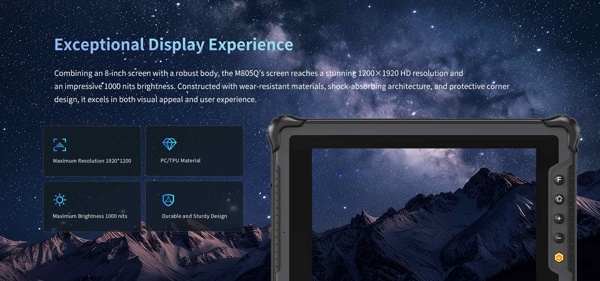 The M805Q tablet's 8-inch, 1200x1920 HD display with 1000 nits brightness and rugged, shock-absorbing corners.