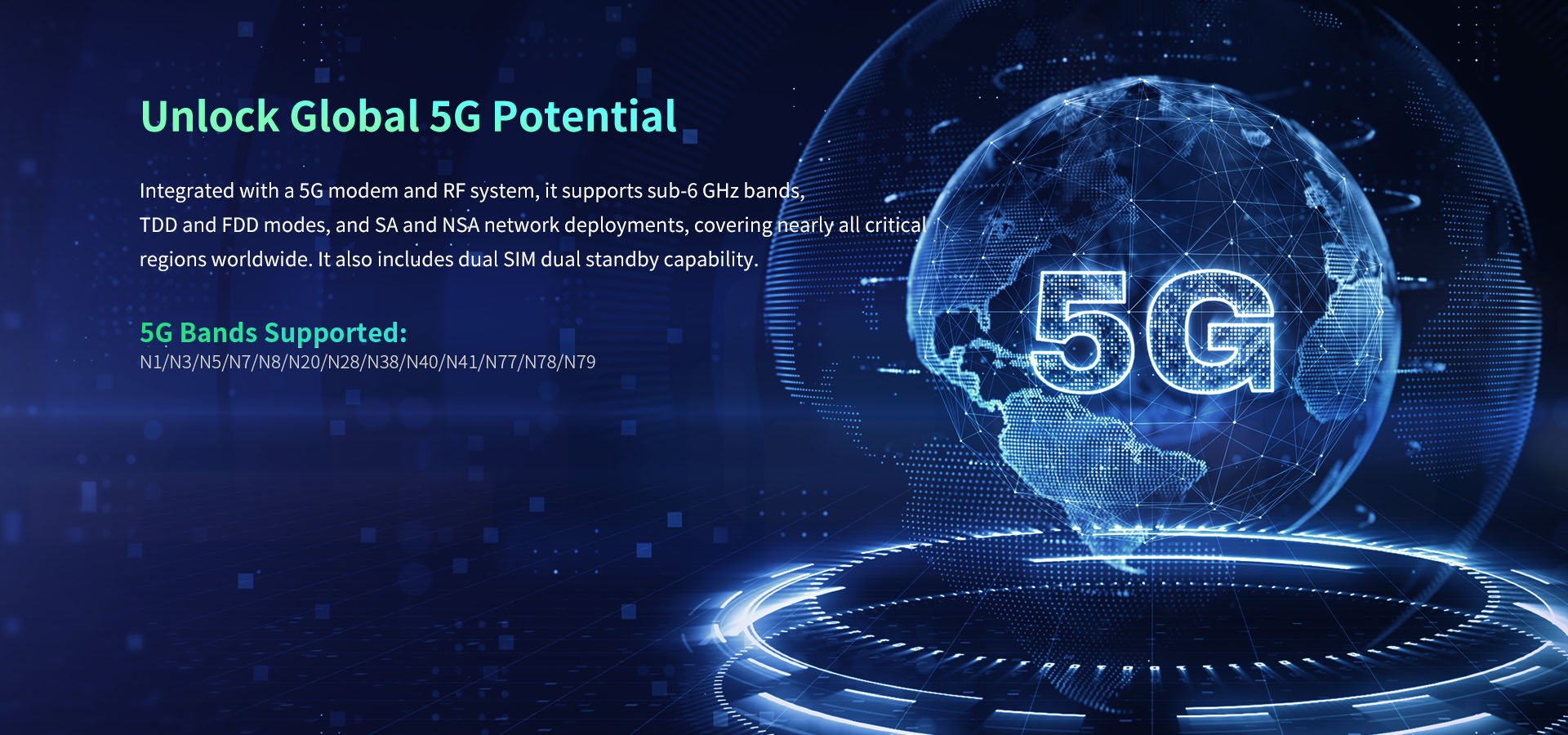 Infographic on global 5G connectivity, detailing SA/NSA network support, TDD/FDD modes, and Dual SIM dual standby.